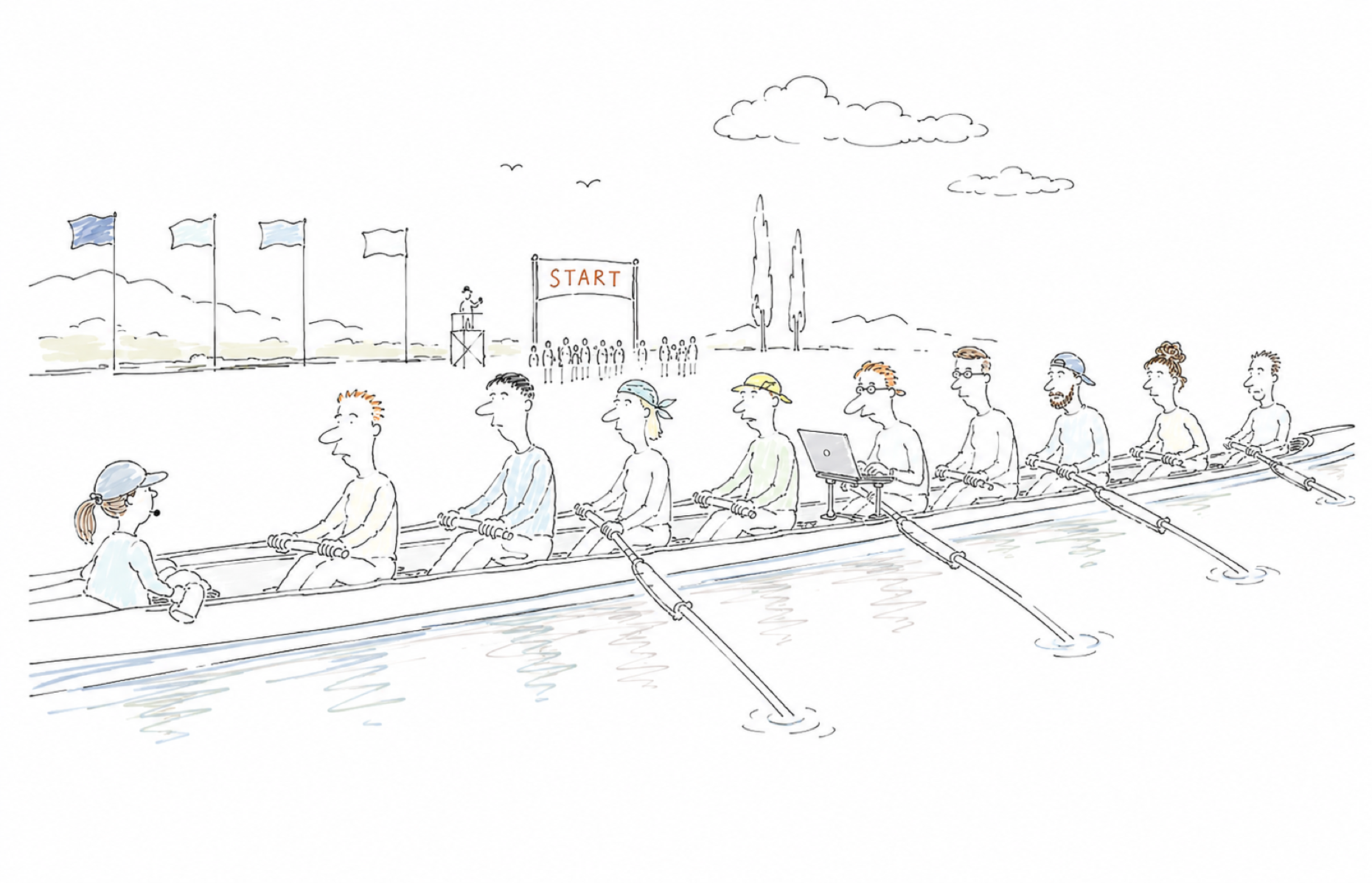 Rowing crew at the start — building in the middle of the work